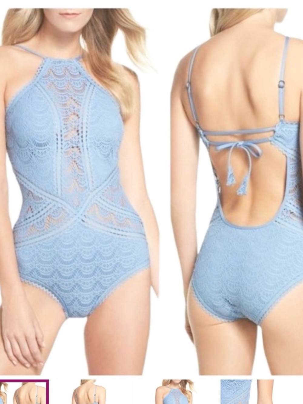 BECCA  light Blue Prarie High Neck Halter Crochet one peice Swimsuit size XL